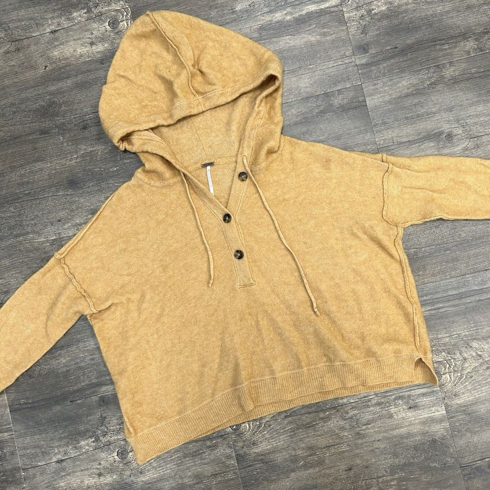 Free People Women Large Pralineโ Cozy Henley Pullover Hooded Wool Blend Beige